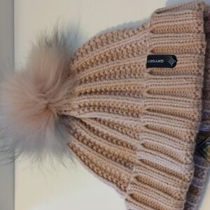 OXYGEN Evening Sand/ Pink Knit Beanie with Real Racoon Fur Pom NWT
